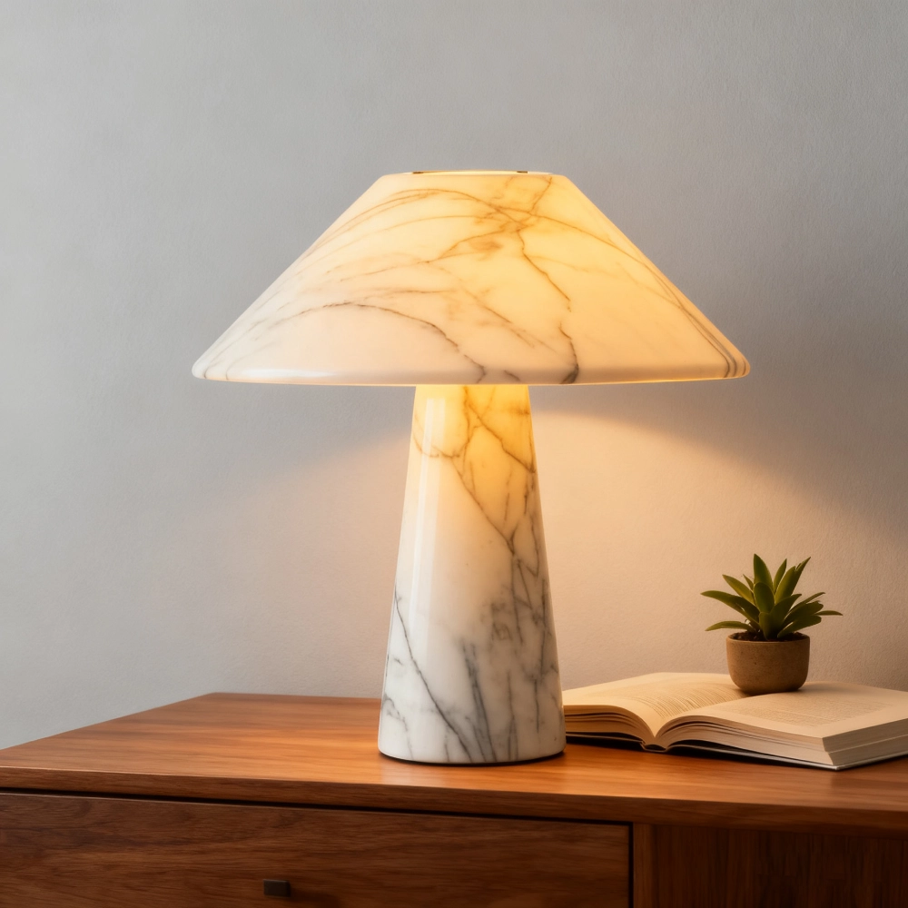 Marble-patterned table lamp with a wide shade, lit on a wooden dresser alongside a book and small plant